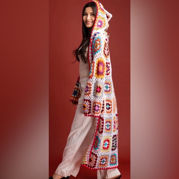 Hooded Granny Square Crochet Long Duster Colorful New One Size Fits Most